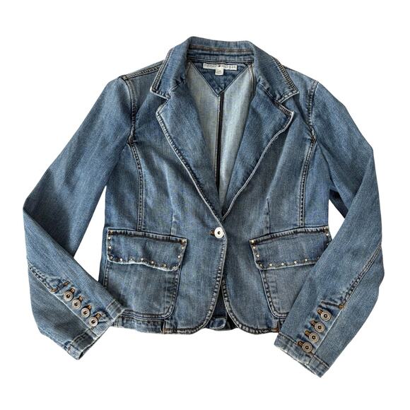 Y2K Tommy Hilfiger Studded Denim Blazer Jacket L Button Up Western Vintage Style - Picture 1 of 8